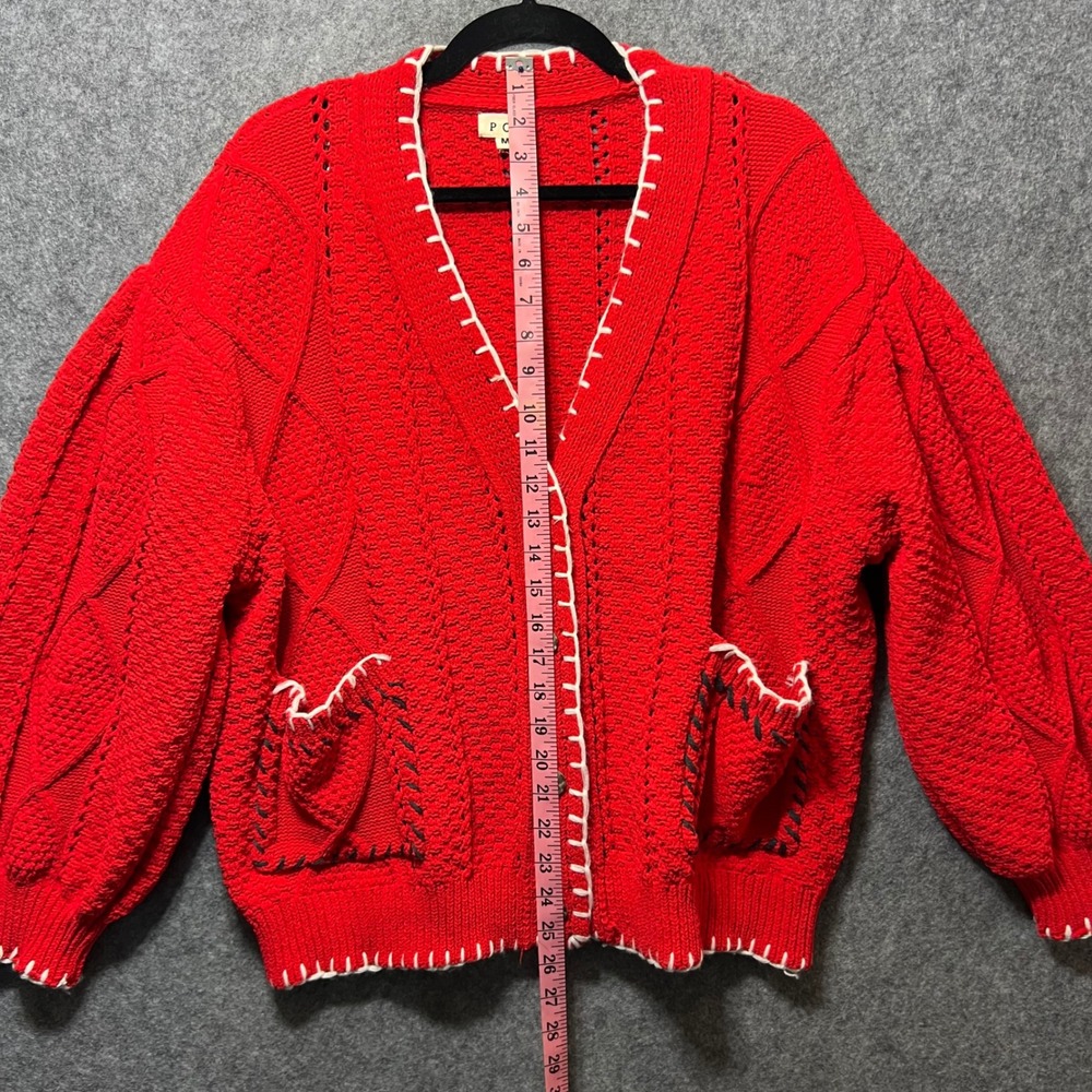 POL Red Cable Knit Cardigan M Oversized Chunky Button Front Boho Sweater - Picture 6 of 9